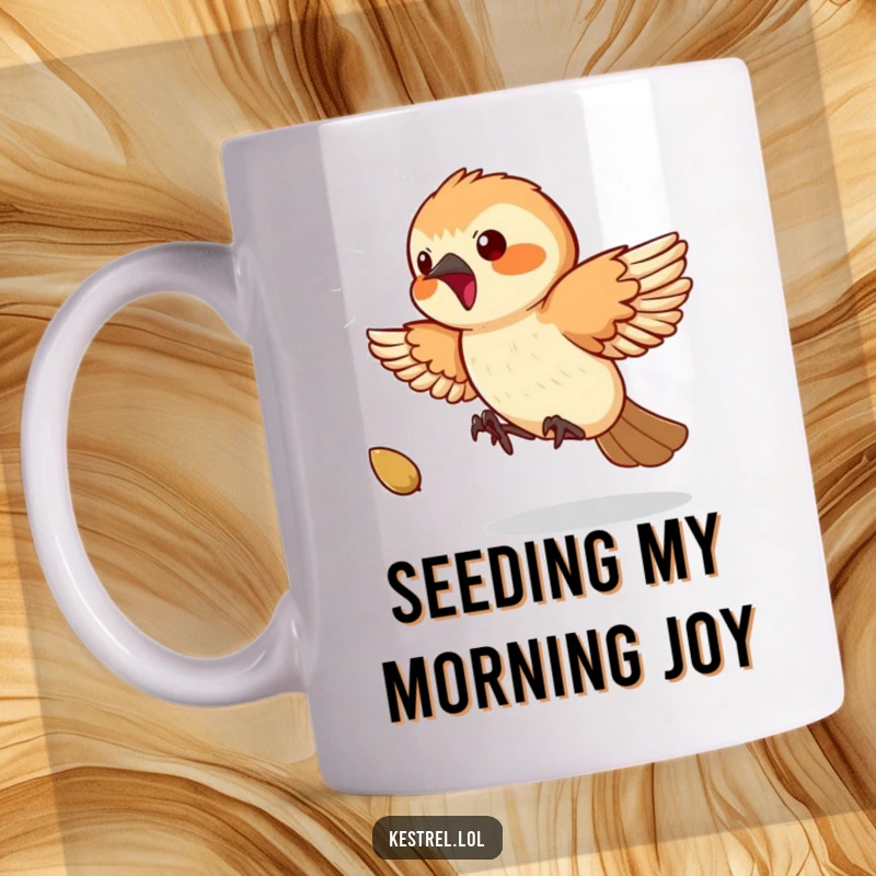 Funny Kestrel Mug: A playful kestrel enthusiastically chases a tiny bouncing seed with its wings spread wide in a funny pursuit.