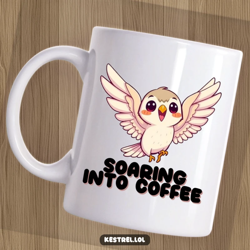 Funny smiling kestrel mug, eagerly soaring with outstretched wings, capturing a moment of pure avian freedom and joy.