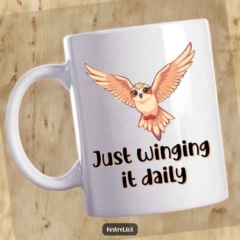 Funny kestrel mug featuring a kestrel character soaring gracefully on air currents, conveying freedom and effortless flight.