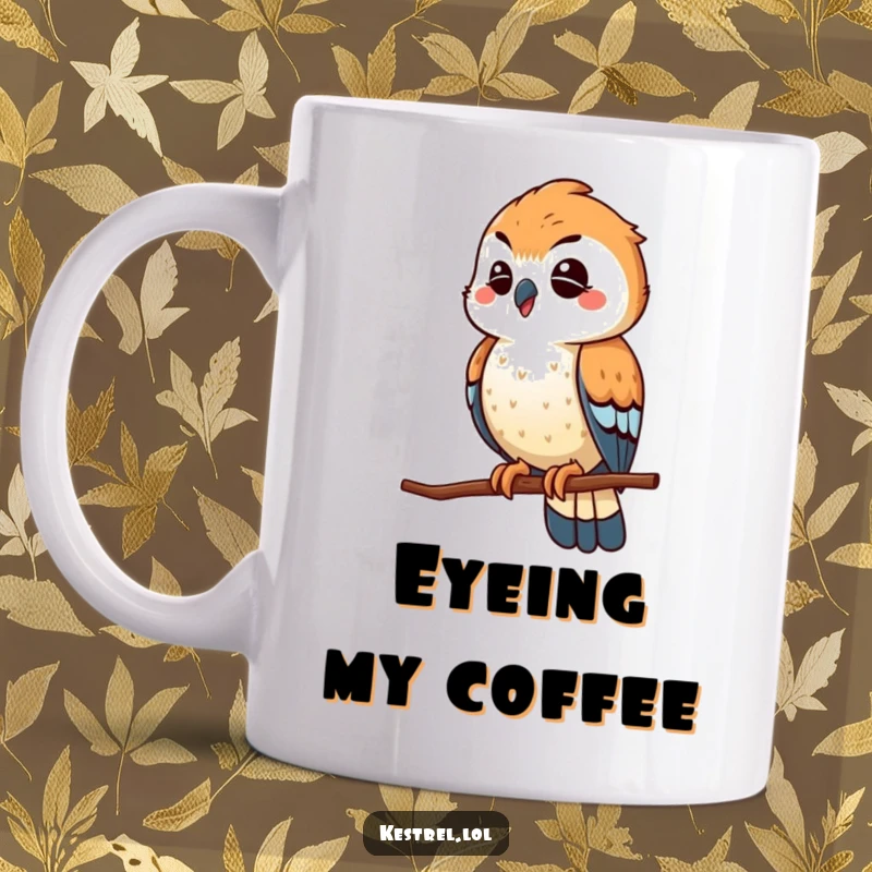 Funny winking kestrel mug, playfully scouting from its high perch with a mischievous glint in its eye, a clever bird.