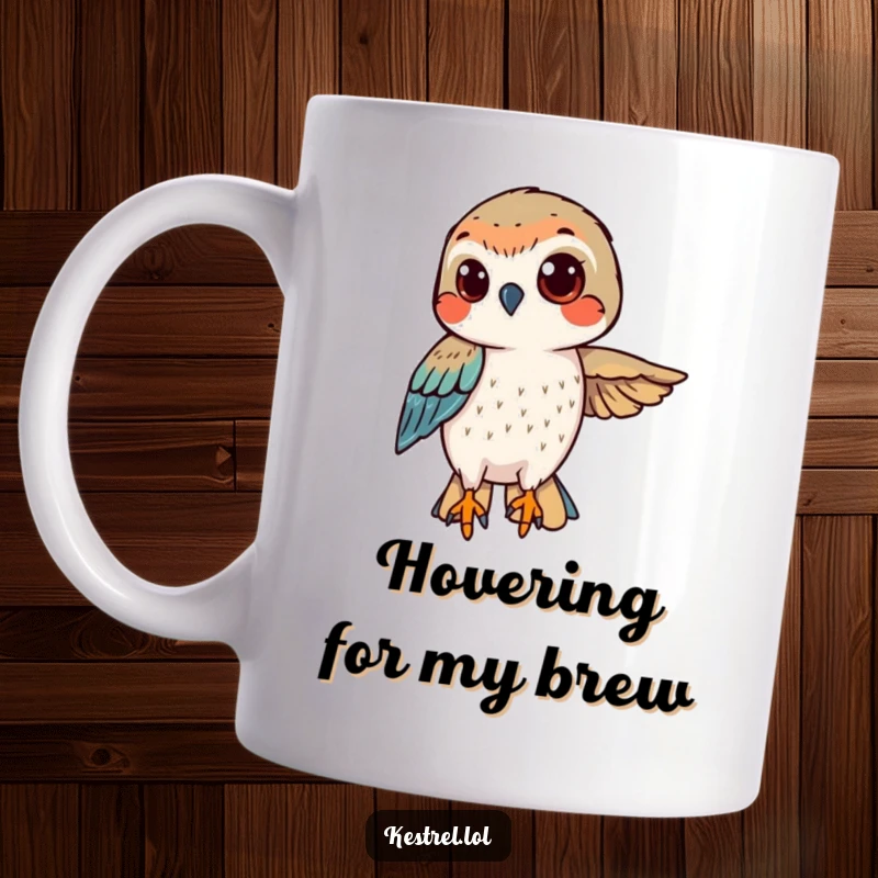 Funny kestrel mug showing a determined bird hovering with a confident gaze, focused and ready.