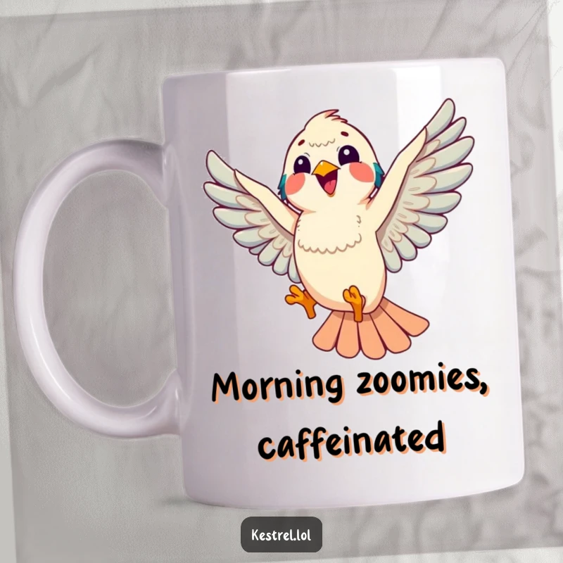 Funny kestrel mug depicting a kestrel doing a playful aerial loop, radiating joy and freedom, a humorous bird art gift.