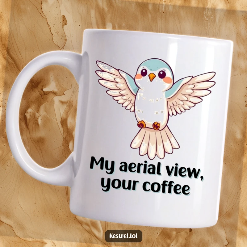 Funny kestrel hovering mug, wings spread wide in pure joy while looking down, perfect for bird enthusiasts and gift seekers.