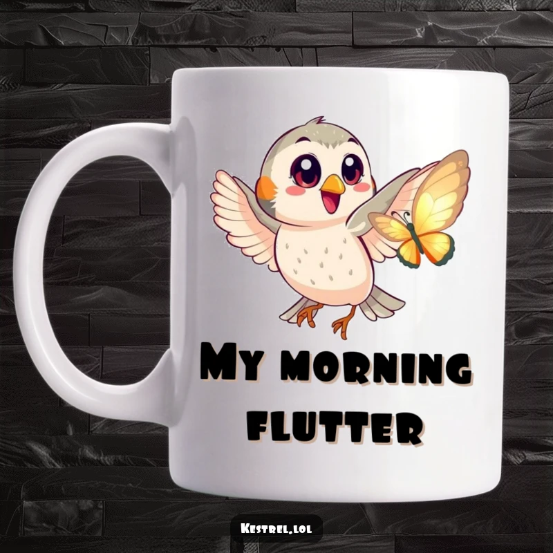 Funny mug showing a happy kestrel with big eyes playfully chasing a shimmering butterfly with joyful determination.