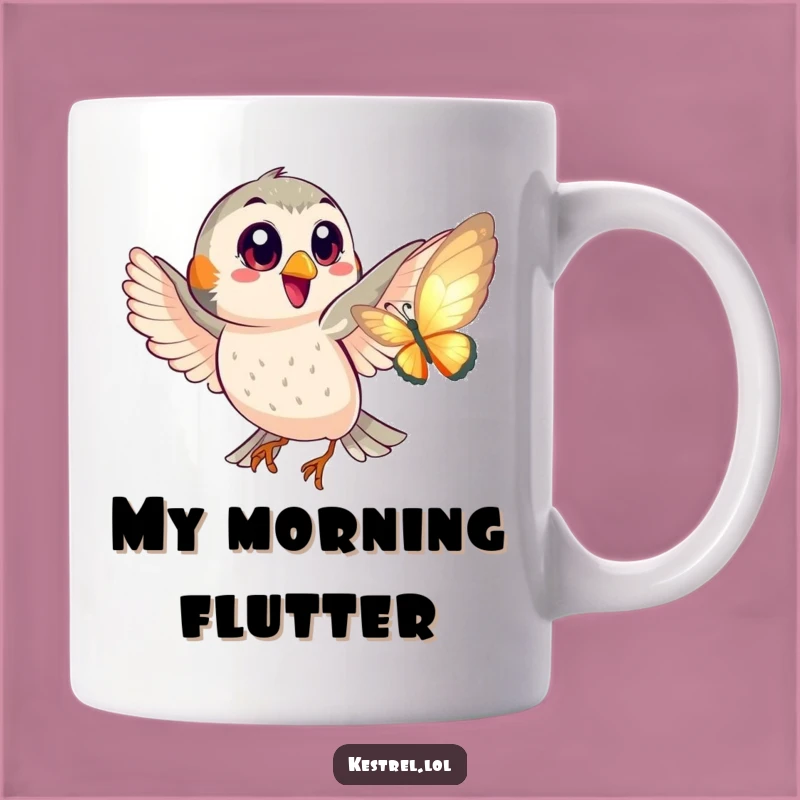 Funny Kestrel Butterfly Chase Mug - Playful Big Eyes Gift