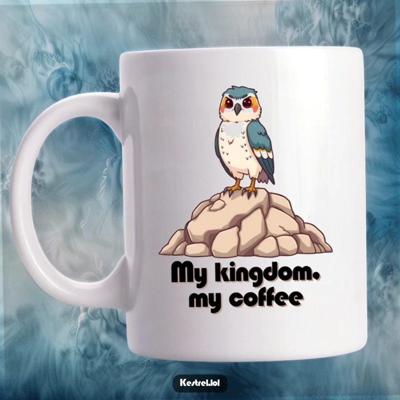 Funny kestrel mug featuring a proud falcon standing majestically on a rocky cliff, exuding confidence and strength, a humorous bird art gift.