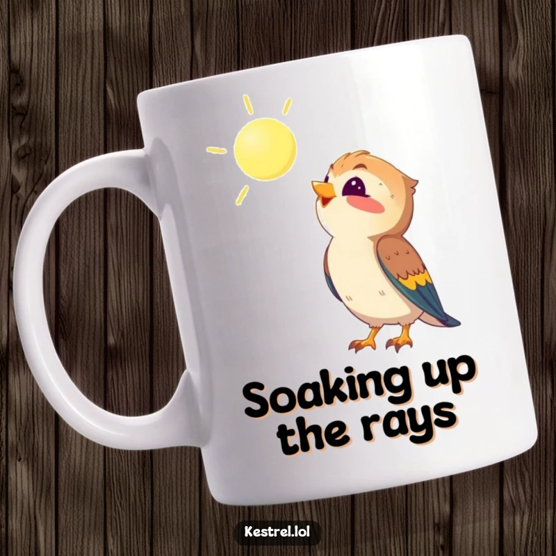 Funny kestrel mug showing a kestrel looking up at the sun with pure delight, conveying happiness and optimism, a humorous bird gift.