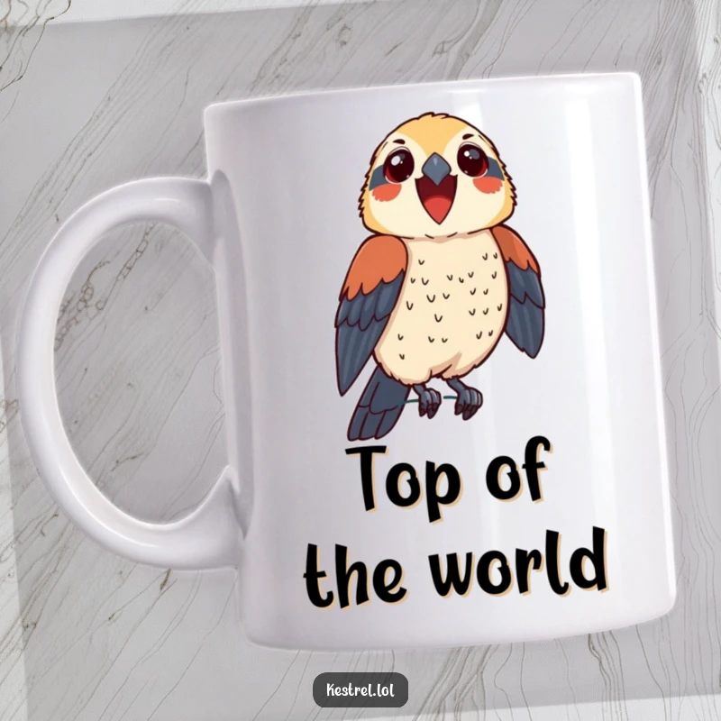 Funny kestrel mug showing a thrilled bird character perching proudly with a smile, celebrating victory and joy.