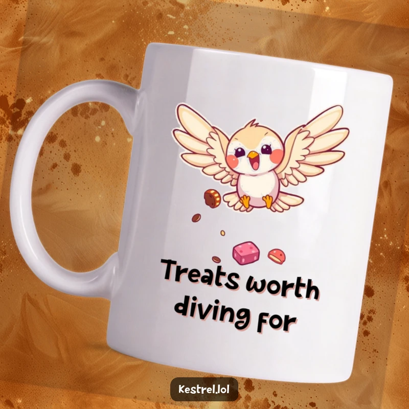 Funny kestrel mug showing a joyful bird diving with wings outstretched towards a tempting treat, a hilarious gift for bird enthusiasts.