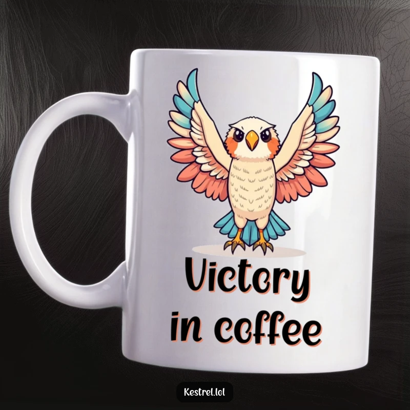 Funny triumphant kestrel mug featuring a kestrel character raising its wings in a gesture of victory and celebration.