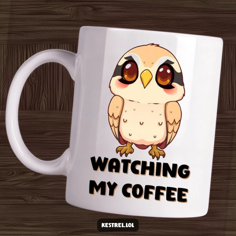 Funny kestrel mug with a smiling character intently watching from above, capturing its focused and alert nature.