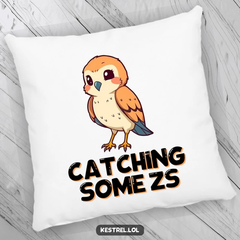 Funny kestrel pillow with a smiling bird squinting its eye in a hunting pose, perfect for comfort and humor.