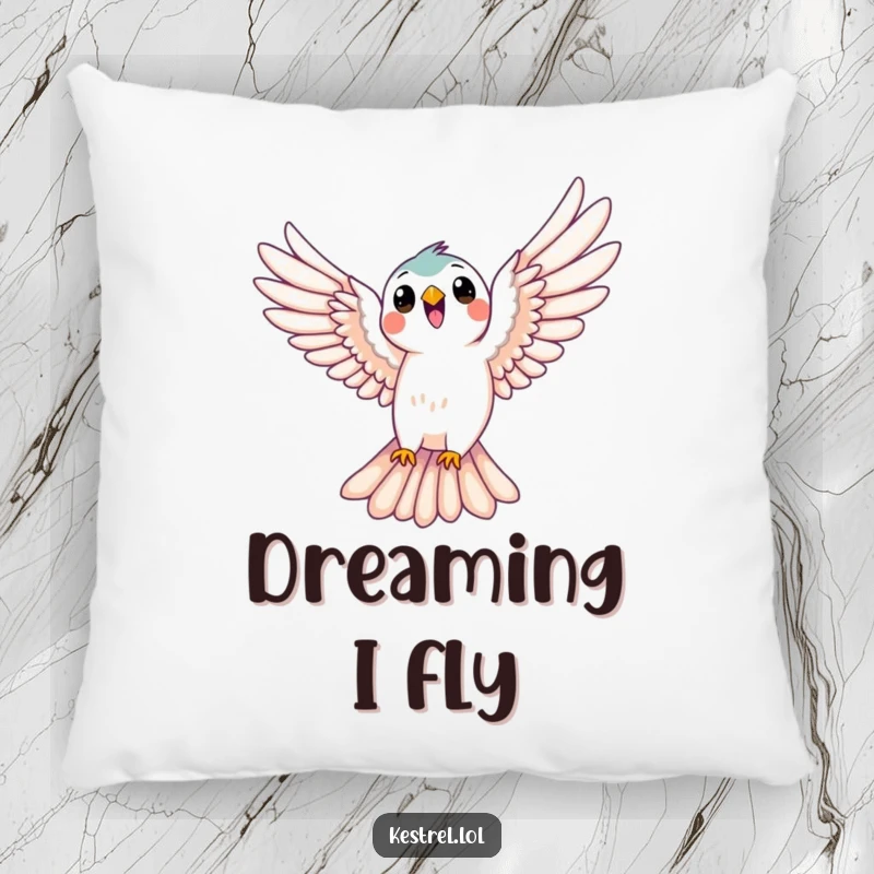 Funny kestrel pillow featuring a bird joyfully soaring with wings extended, adding a humorous touch of freedom to decor, great gift.