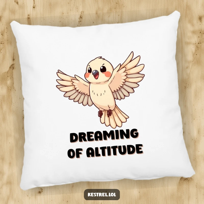 Funny happy kestrel pillow featuring a bird in enthusiastic flight, a soft and cheerful decorative accent.