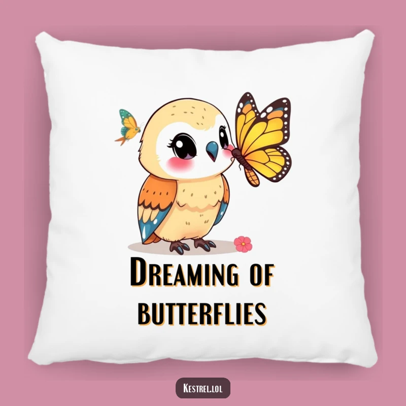 Funny Kestrel Pillow: Smiling at Butterfly - Cozy Serene Gift
