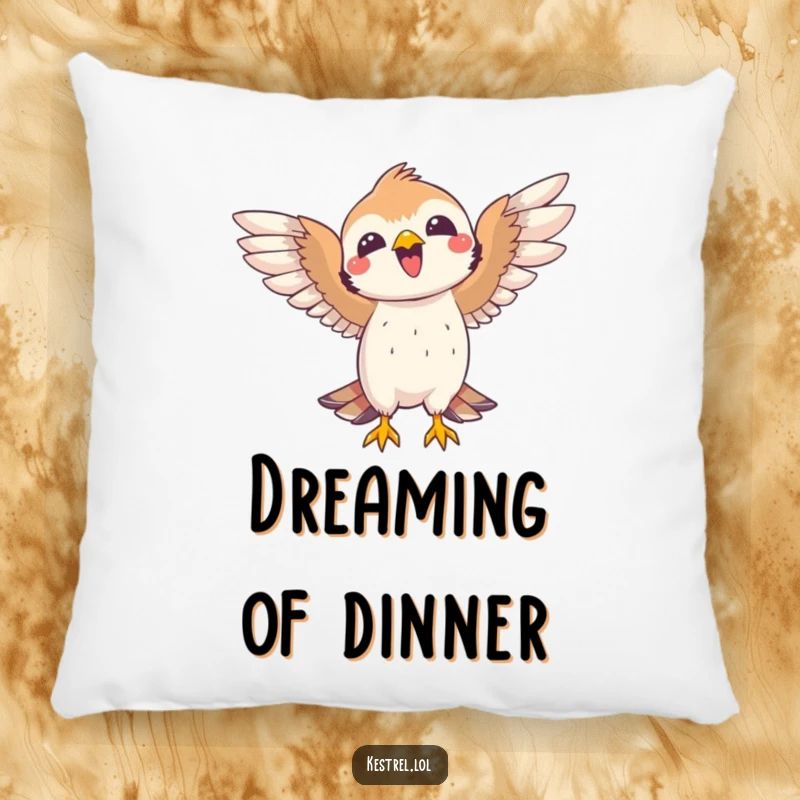 Funny kestrel pillow featuring a joyful bird celebrating a catch with open wings. Soft, comfortable, and humorous.
