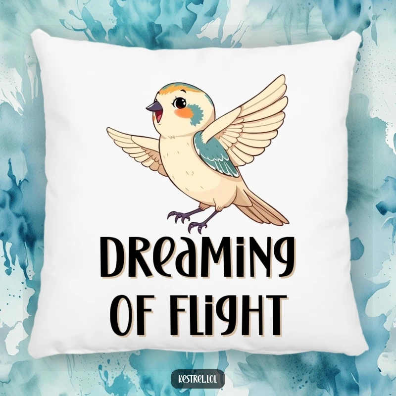 Funny pillow designed with a happy kestrel gracefully catching a gentle breeze, perfect for adding cozy and humorous charm with a serene, joyful vibe.