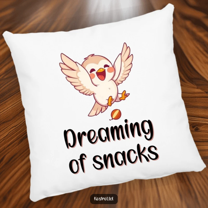 Funny kestrel pillow featuring a delighted character joyfully diving towards small prey, offering cozy humor and a sense of sharp precision.