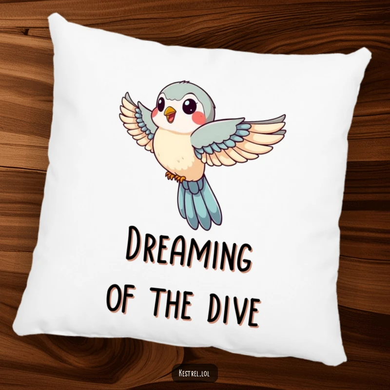 Funny pillow designed with a jovial kestrel with wings tucked in swift descent, perfect for adding cozy and humorous charm with a playful, energetic vibe.