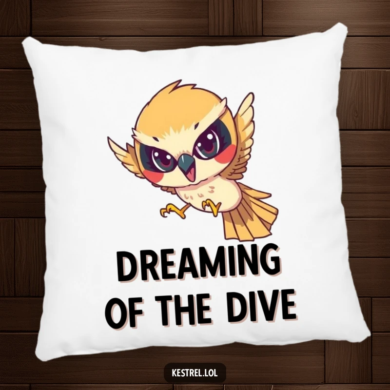 Funny pillow featuring a determined kestrel character diving with focused intensity, perfect for adding sharp humor and comfort.