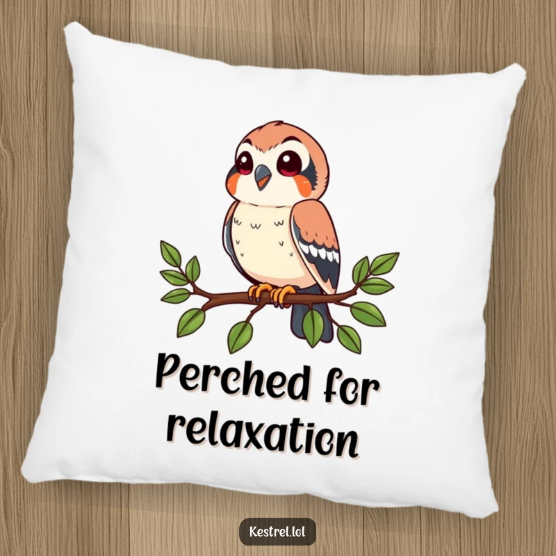 Funny kestrel pillow showing a happy bird perched on a branch, looking around. Soft, comfortable, and humorous.