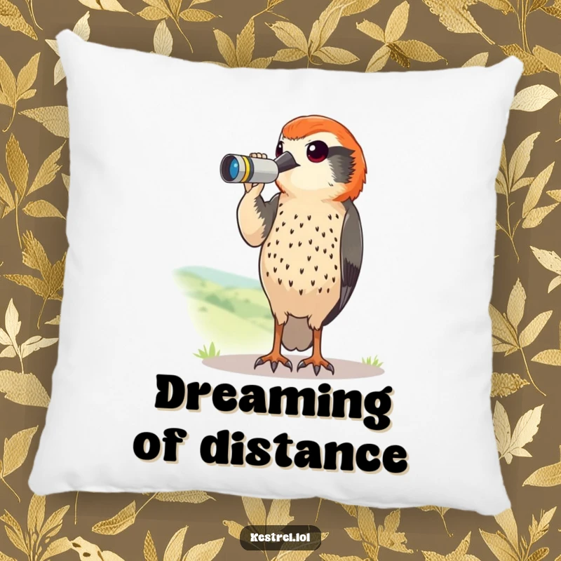 Funny kestrel pillow with a curious bird using tiny binoculars to scan a landscape. Soft and humorous decorative item.