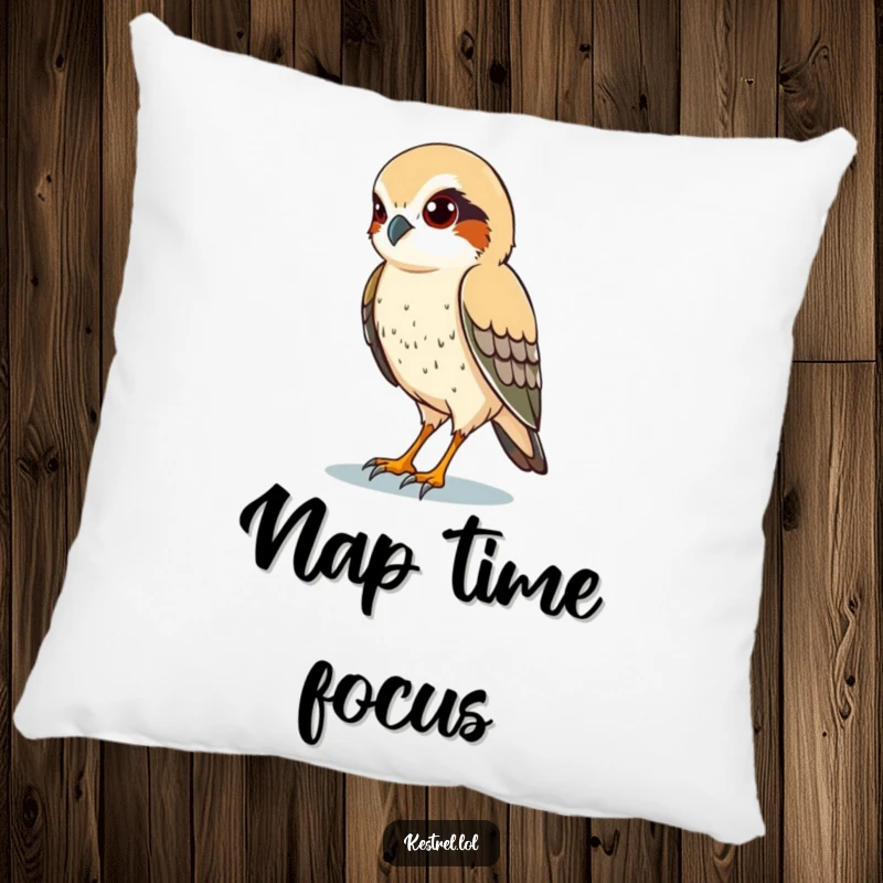 Funny pillow featuring a plush design of a kestrel character with sharp eyes, scanning the ground below.