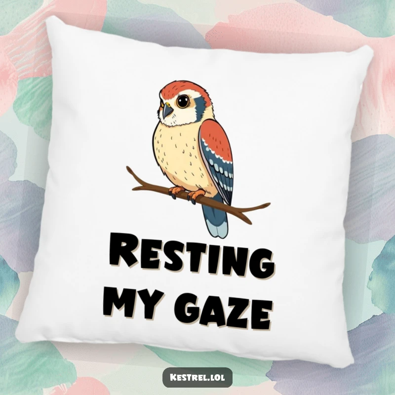 Funny kestrel pillow with a determined bird perched and looking intently, perfect for comfort and a touch of focus.