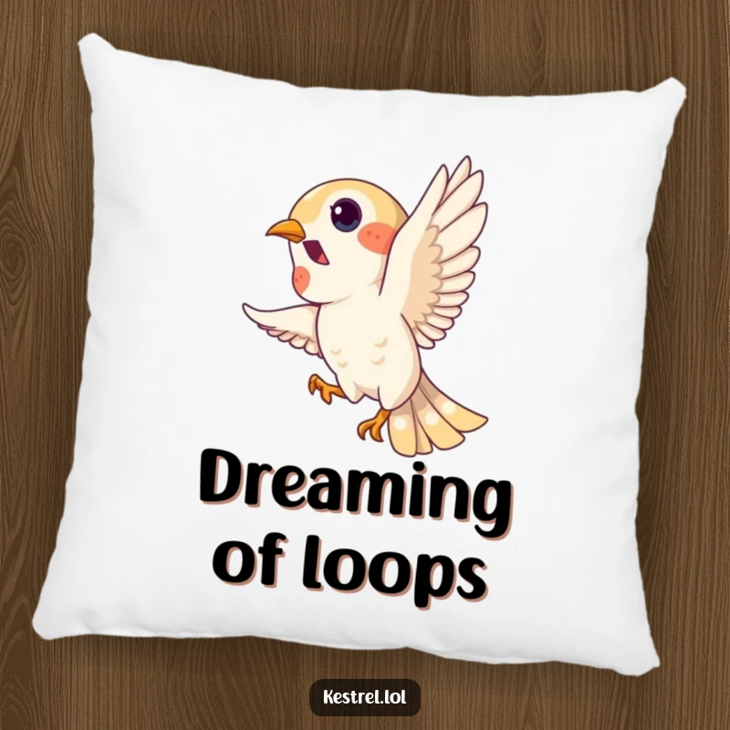 Funny kestrel pillow, playful bird character doing a loop in the sky, soft and decorative, humorous accent.