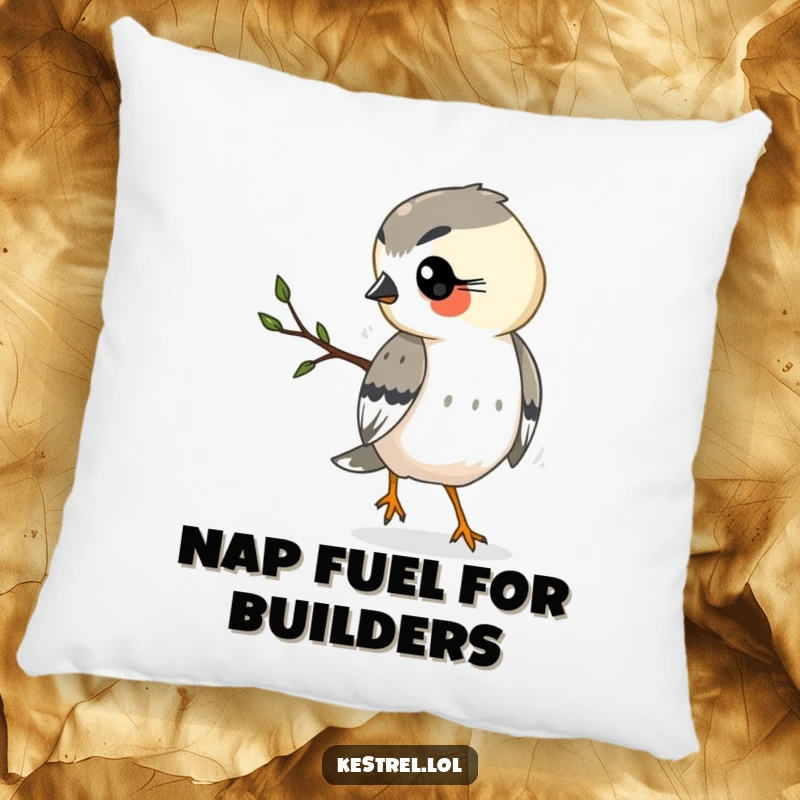 Funny kestrel pillow showcasing a kestrel busy carrying a twig, offering comfort and a good chuckle.