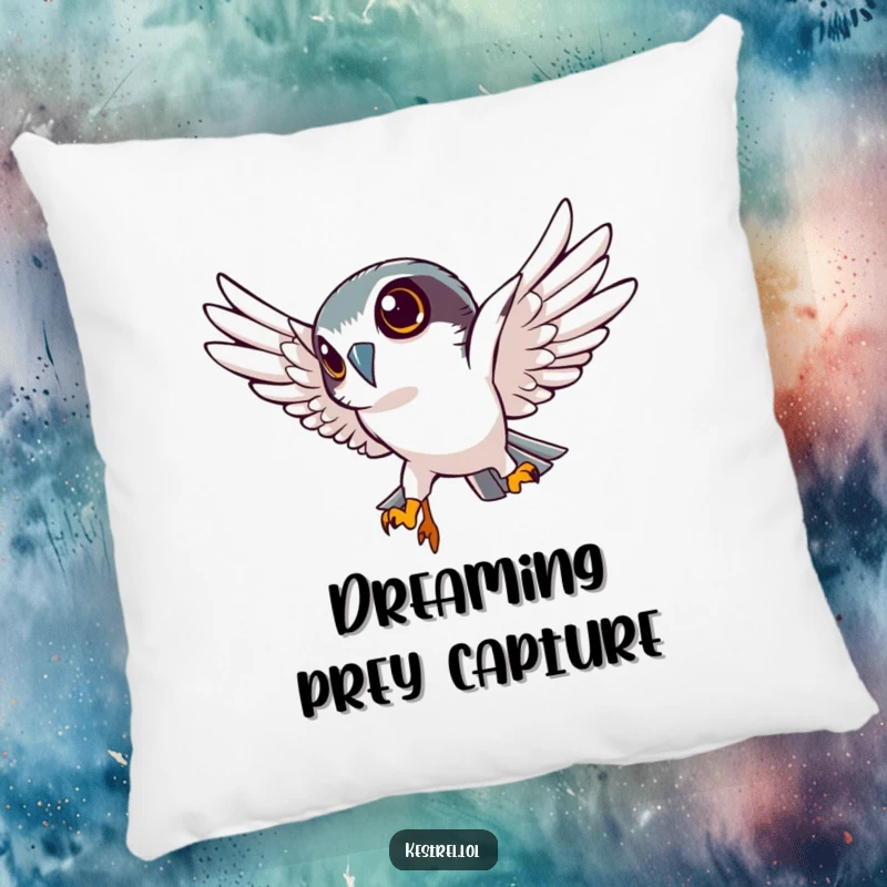 Funny kestrel pillow with a determined kestrel character diving downwards, offering comfort and a focused, sharp vibe.