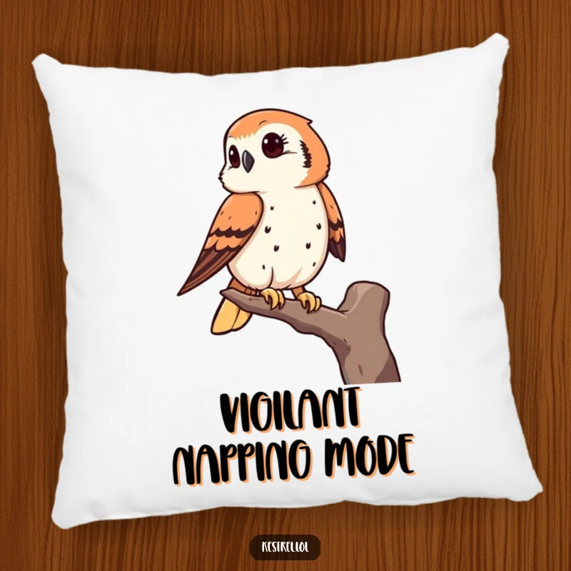 Funny kestrel pillow featuring a bird of prey keenly observing from a high perch, adding comfort and humorous detail.