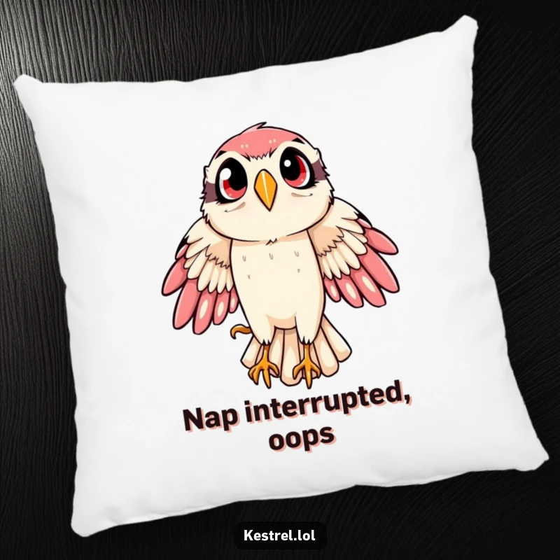 Funny kestrel pillow featuring a bird of prey in a dramatic, wide-eyed swoop, adding a playful and energetic touch to decor.