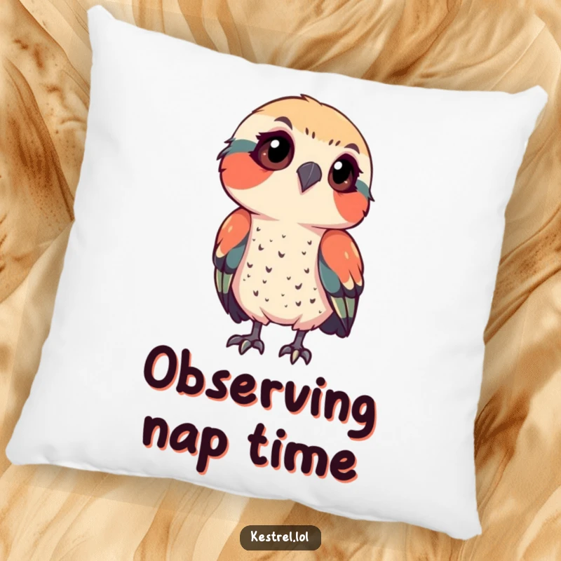 Funny kestrel pillow featuring a bird with a curious tilted head, adding a humorous and thoughtful touch to decor, a great gift.