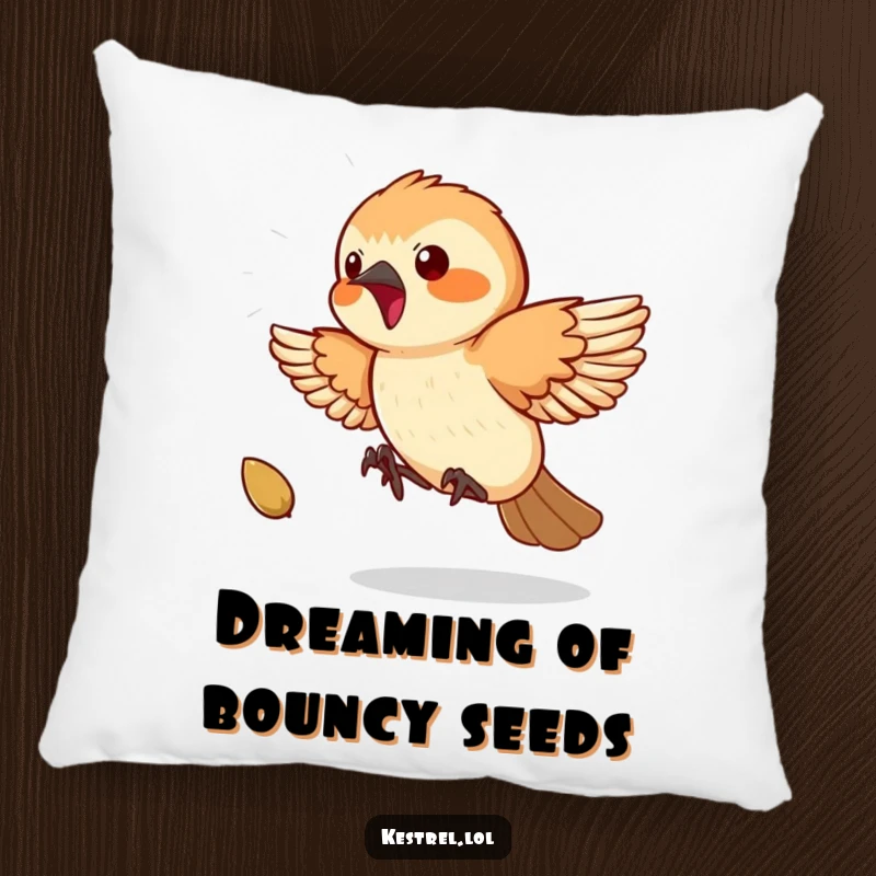 Funny Kestrel Pillow: A playful kestrel is shown humorously chasing a bouncy seed, its energetic pose bringing laughter.