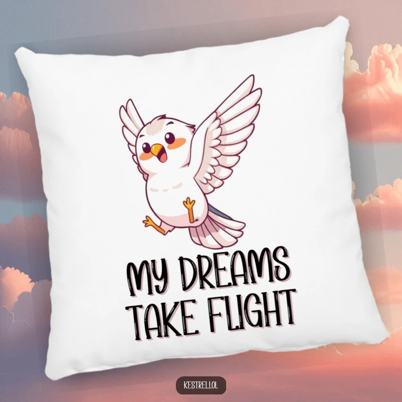 Funny kestrel pillow, joyful bird character performing an aerial trick, soft and decorative, humorous accent.