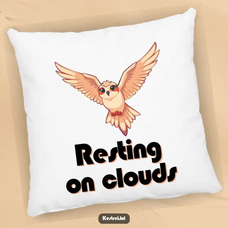 Funny kestrel pillow with a kestrel character gracefully gliding on air currents, offering a sense of peace and freedom.