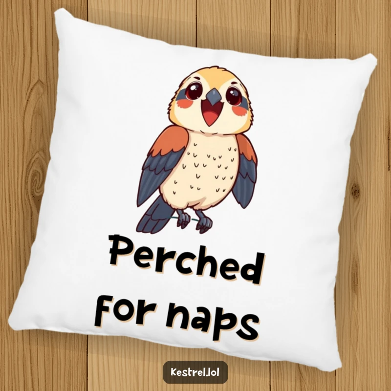 Funny kestrel pillow featuring a thrilled bird character perching proudly, adding humorous comfort and a touch of proud celebration.