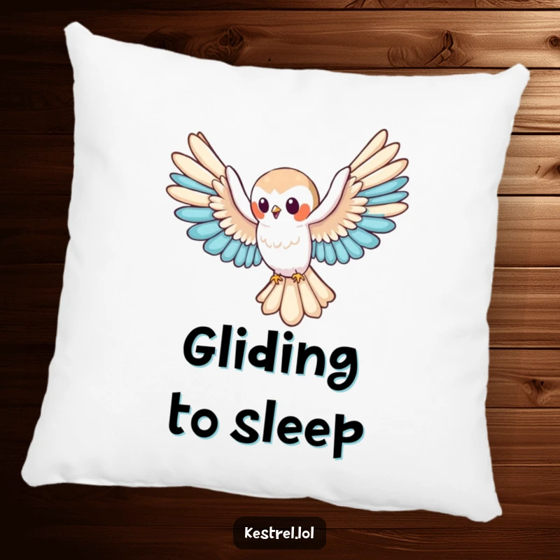 Funny kestrel pillow featuring a cute character gliding peacefully, perfect for adding comfort and a touch of serene humor, a cute funny gift.