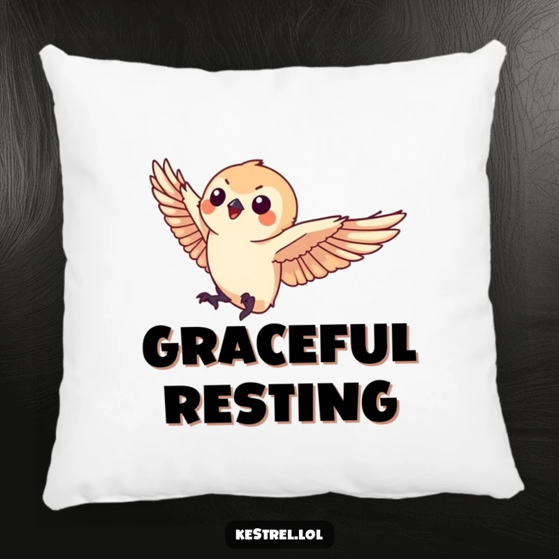 Funny kestrel pillow featuring a small kestrel character landing gracefully, perfect for adding soft humor and elegance.