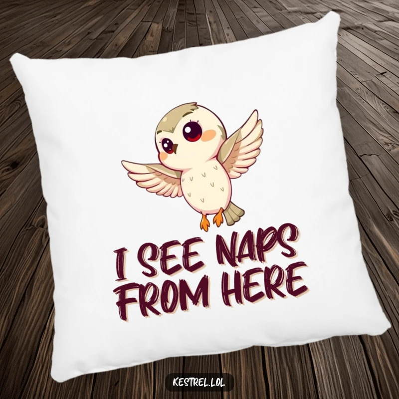 Funny kestrel pillow depicting a curious bird hovering intently, soft and humorous decor for bird lovers. A great gift.