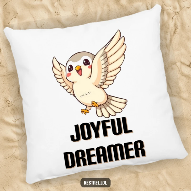 Funny kestrel pillow featuring a joyful kestrel character swooping playfully, offering soft comfort and a spirited, humorous vibe.