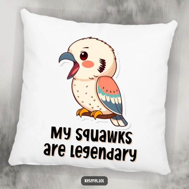 Funny kestrel pillow with a kestrel calling out, beak open, offering comfort and a humorous avian touch to any room.