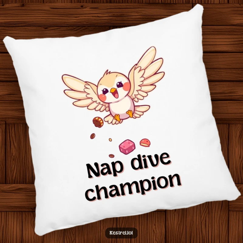 Funny kestrel pillow featuring a bird in a playful dive with wings out, adding a humorous touch to any cozy space, great gift.