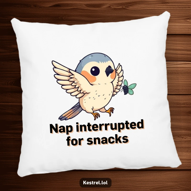 Funny kestrel pillow featuring a bird catching a tiny bug mid-air, offering comfort and a humorous touch, a delightful bird-themed gift.