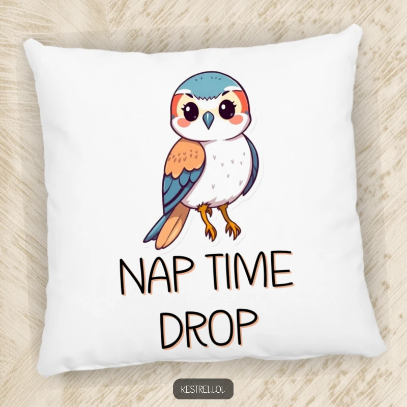 Funny kestrel pillow featuring a stylized bird of prey in a dynamic downward swoop, adding energy and humor to decor.