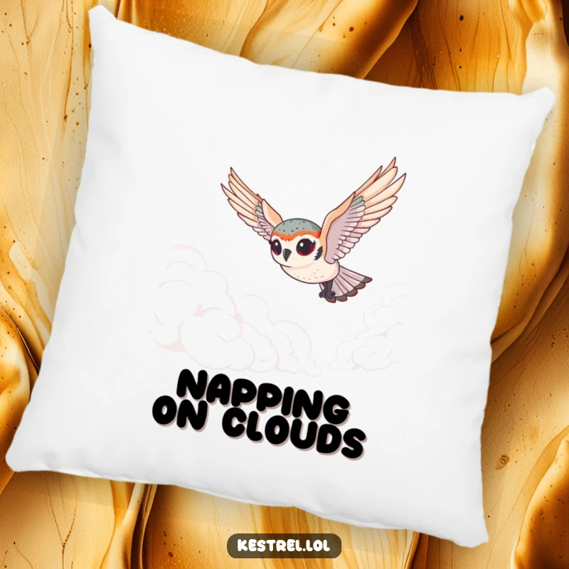 Funny tiny kestrel pillow with a cute bird, exaggerated eyes, diving through clouds, offering humorous comfort and whimsical charm.