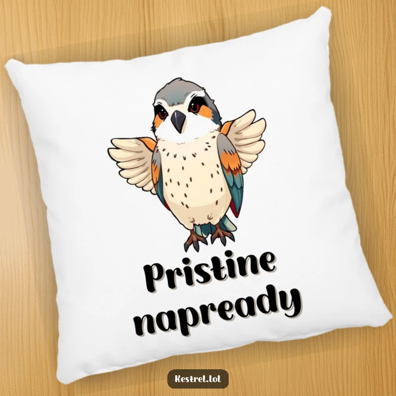 Funny kestrel preens sleek feathers with a proud, focused expression, on a soft, decorative pillow.