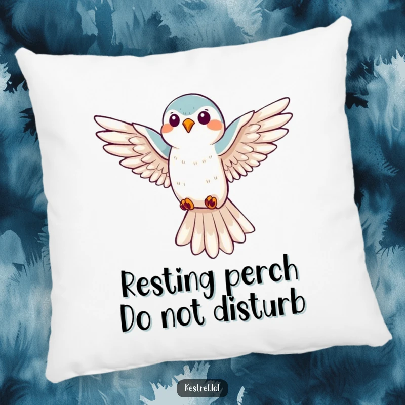 Funny kestrel hovering pillow, soft cushion with a happy bird flying and looking down, great for cozy spaces.