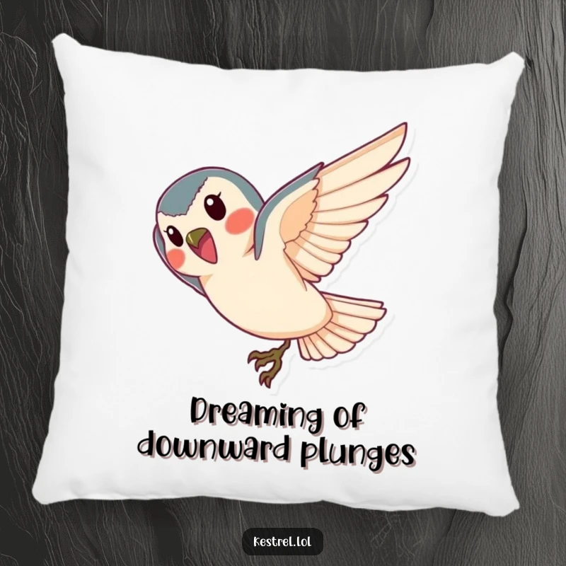 Funny kestrel pillow, soft cushion with a cheerful bird diving gracefully, perfect for cozying up.